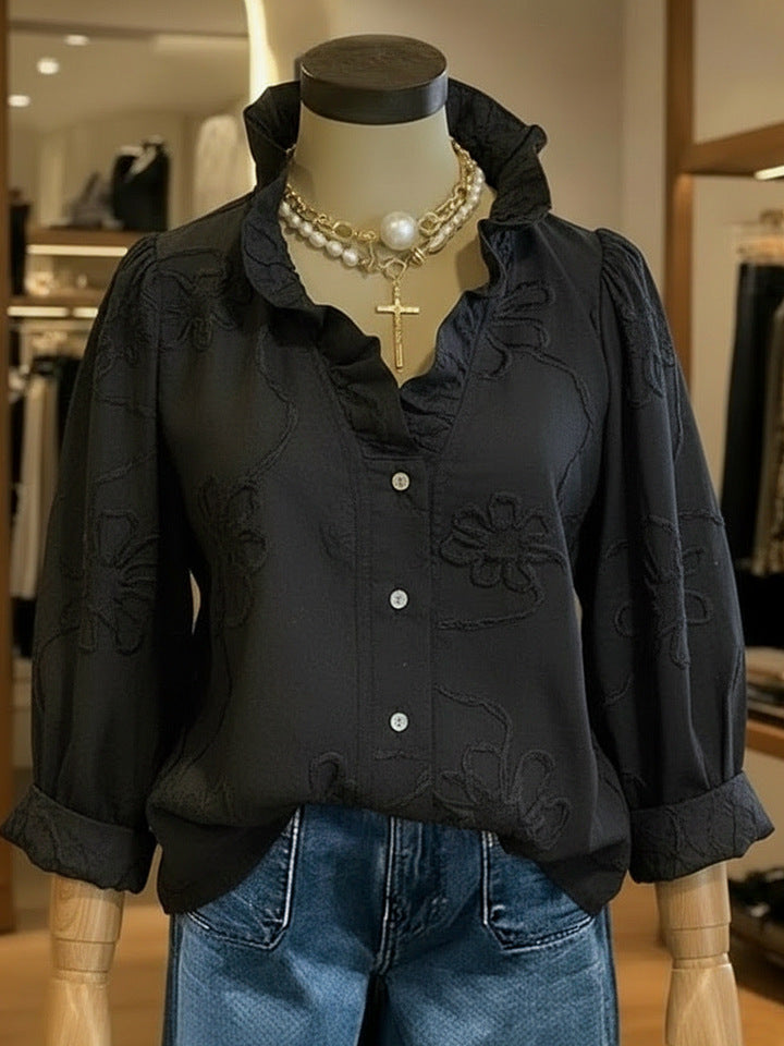 Lace-Embroidered Cotton-Linen Blouse