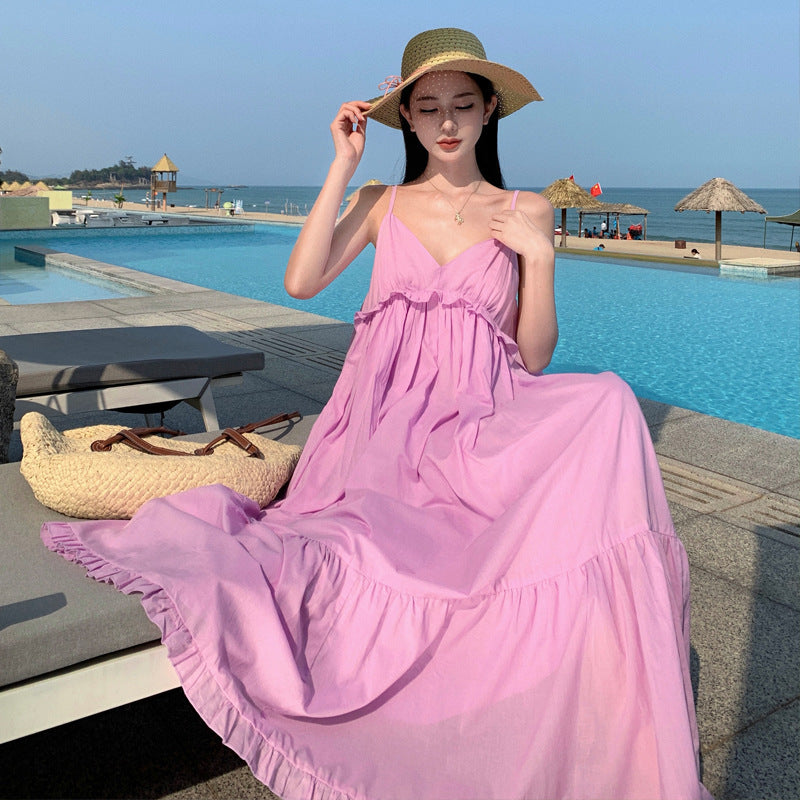 Purple Ramie Cotton French Strap Seaside Dress