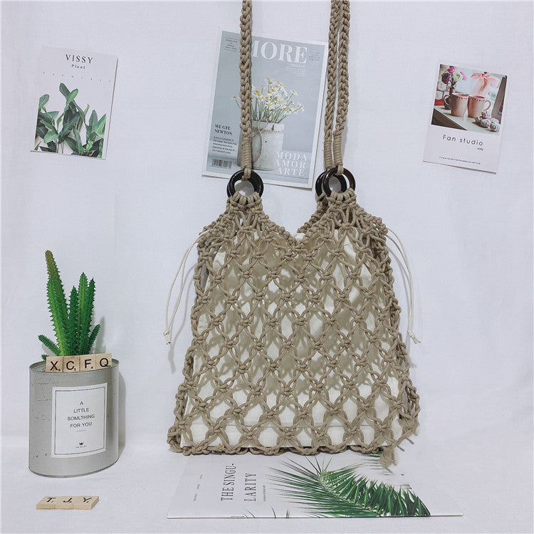 Women’s One Shoulder Straw Beach Bag with Drawstring Closure