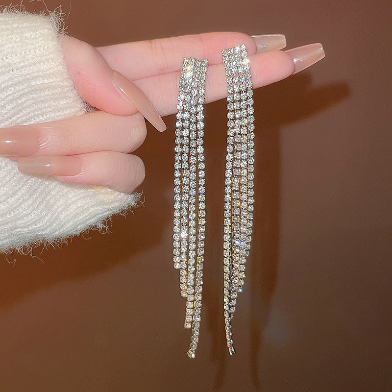 Silver Needle Exquisite Full Diamond Long Fringe Earrings