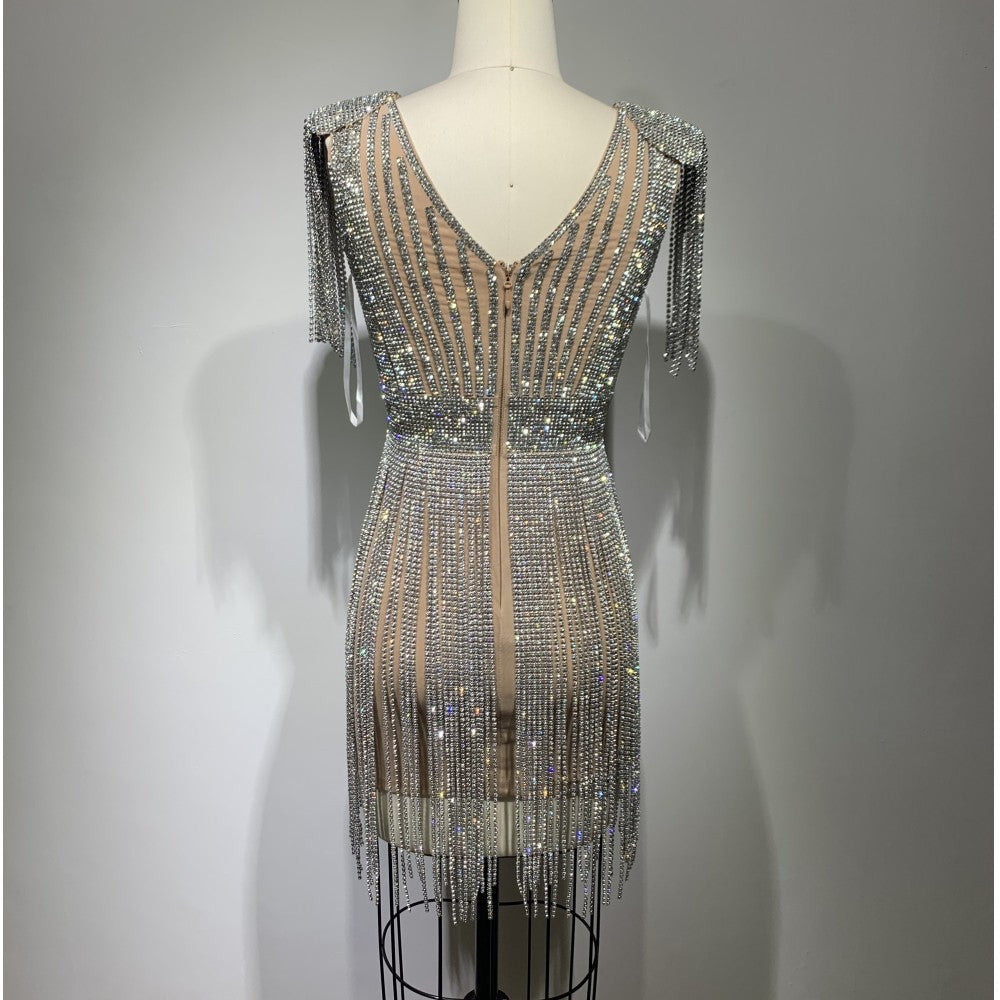Low Cut Tassel Hollow-Out Diamond Sheath Apricot Cotton Dress