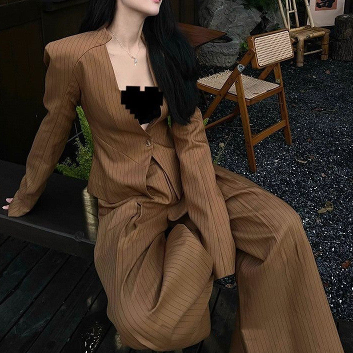 Women's Retro American-Style Chenille Coat & Wide-Leg Pants Suit Brown