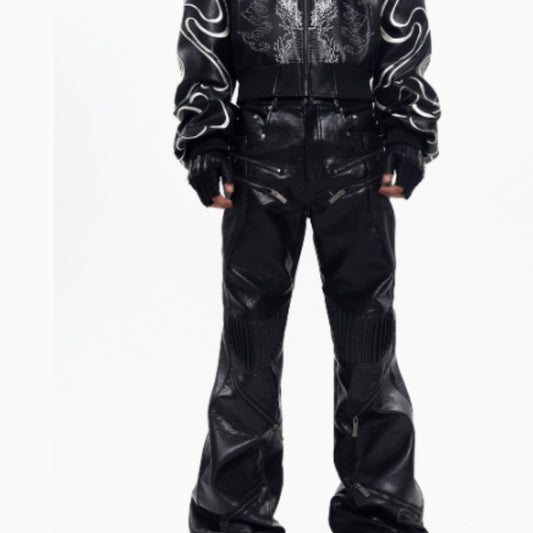 STARTEXCEEDEND Zipper Design Micro Pull Up Leather Pants For Men Autumn