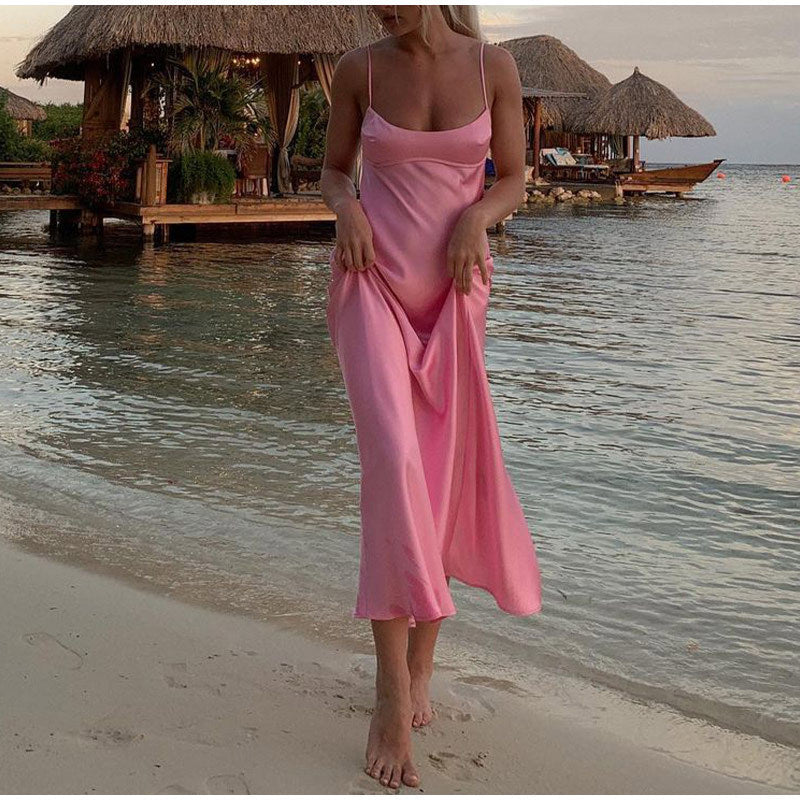 Women’s Satin Sleeveless Backless Long Slip Dress – Elegant Casual Party Summer Dress