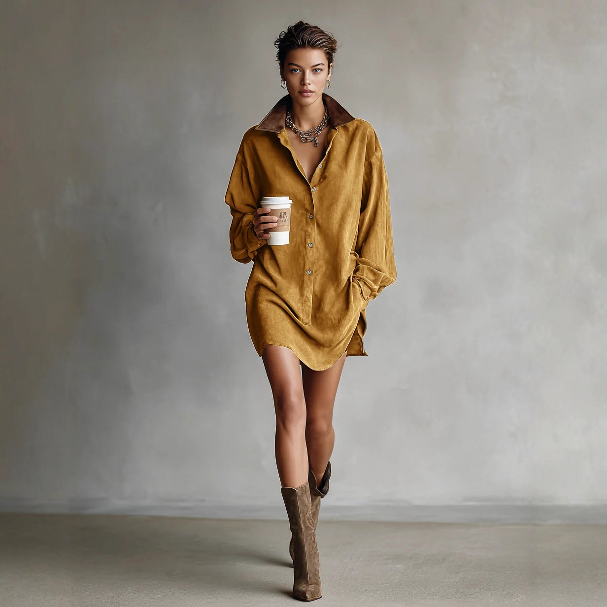 فستان قميص نسائي فضفاض بنمط فرنسي كلاسيكي