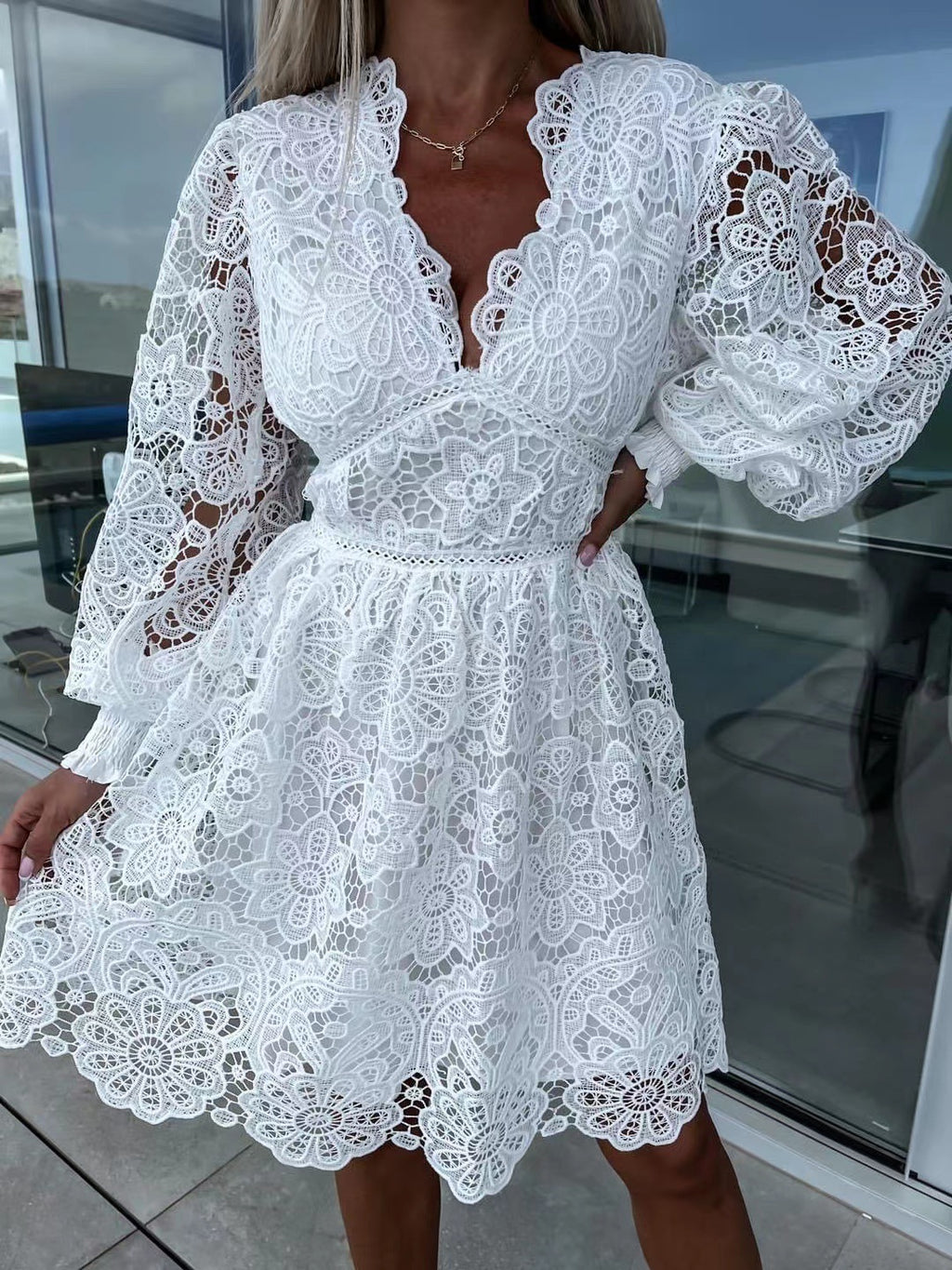 Sexy Hollow Lace Embroidered V-Neck Medium Dress for Commute