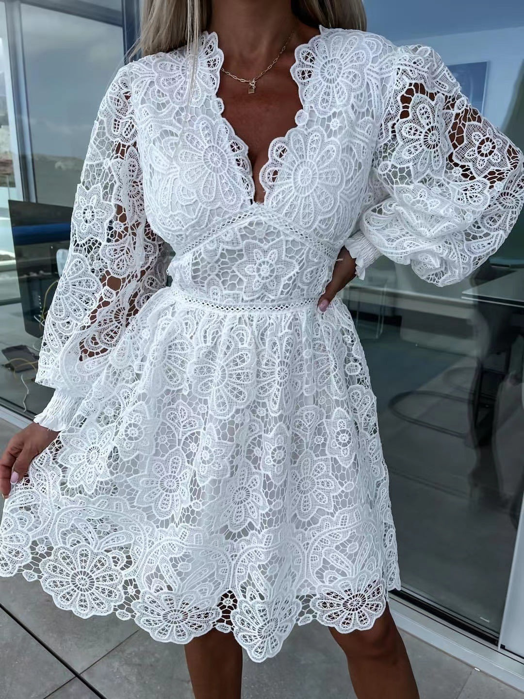 Sexy Hollow Lace Embroidered V-Neck Medium Dress for Commute