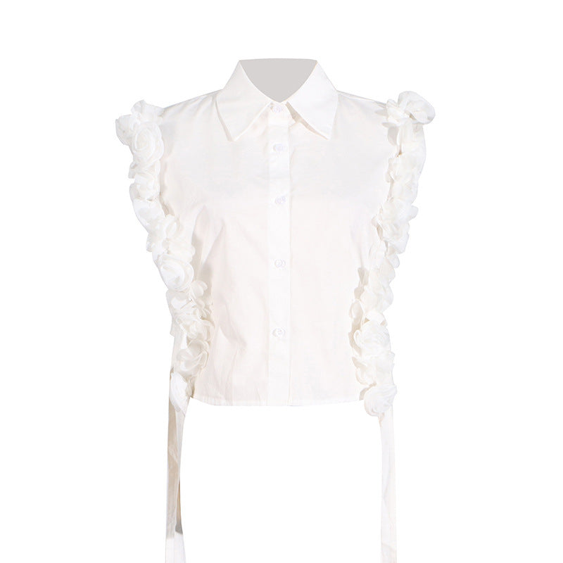 Women’s White Sleeveless Embroidered 3D Flower Shirt S-XL