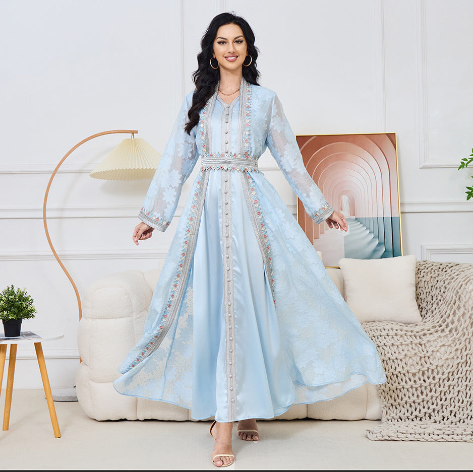 Middle East Women's Elegant Muslim Dress with Ruffles and Embroidery