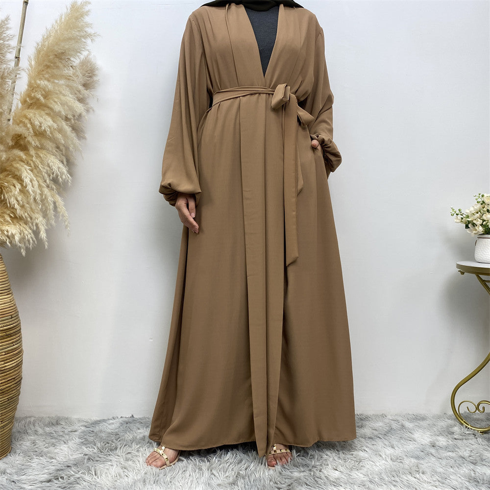 Lace-Up Cardigan Robe with Cuffs & Pockets for Middle Eastern Women
