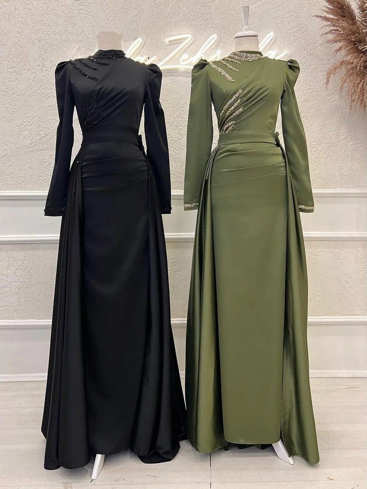 Muslim Stand Collar Detachable Long Sleeve Evening Dress