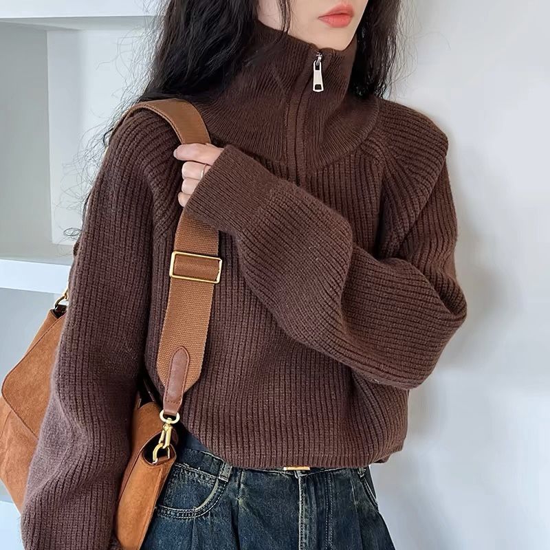 Fashion Zipper And Lapel Sweater For Women
