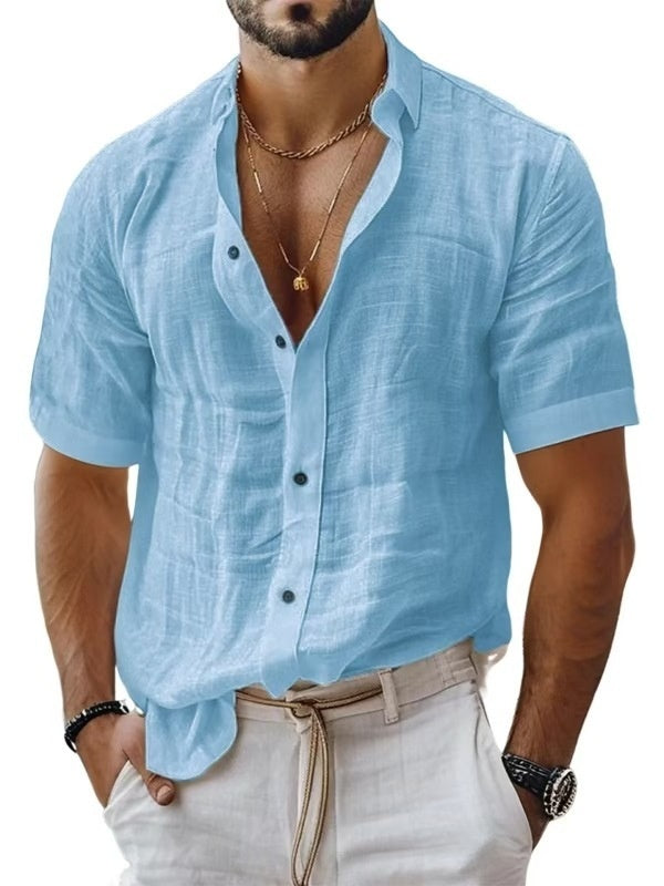 Men's Short Sleeve Cotton Linen Lapel Shirt