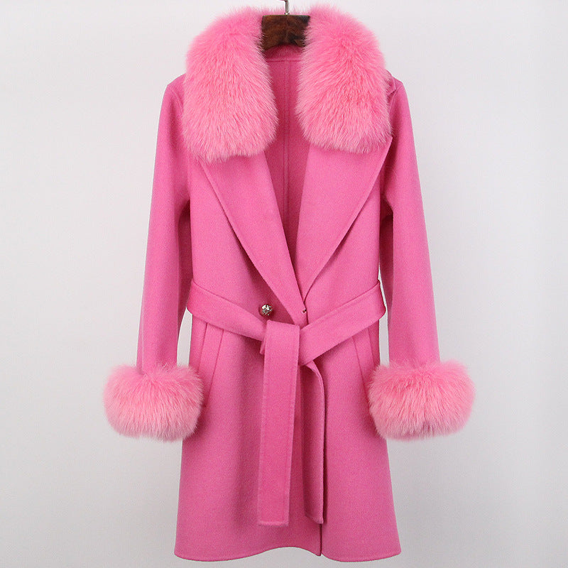 Double-Faced Wool Overcoat Long Slim Fit with Fox Fur Collar