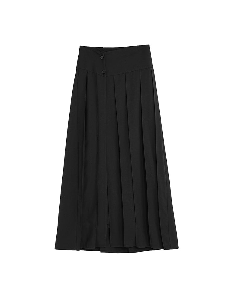 Women's Spring Chic Black Pleated Midi Skirt Polyester