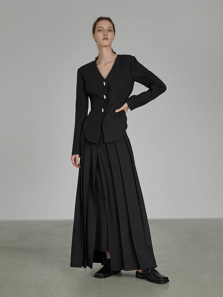 Women's Spring Chic Black Pleated Midi Skirt Polyester
