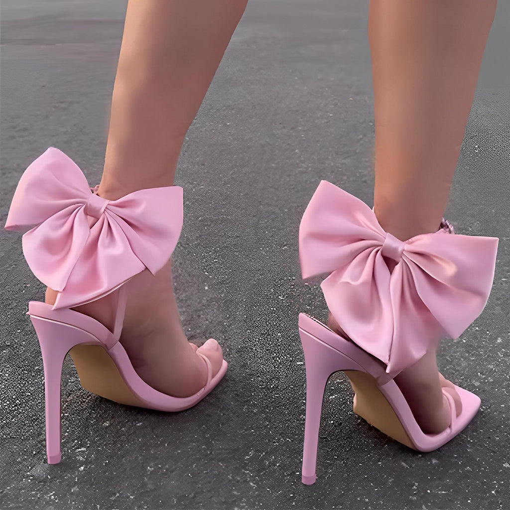 Sandales à talons aiguilles avec nœud arrière ornées de strass, disponibles en noir, abricot et rose, tailles 35-42