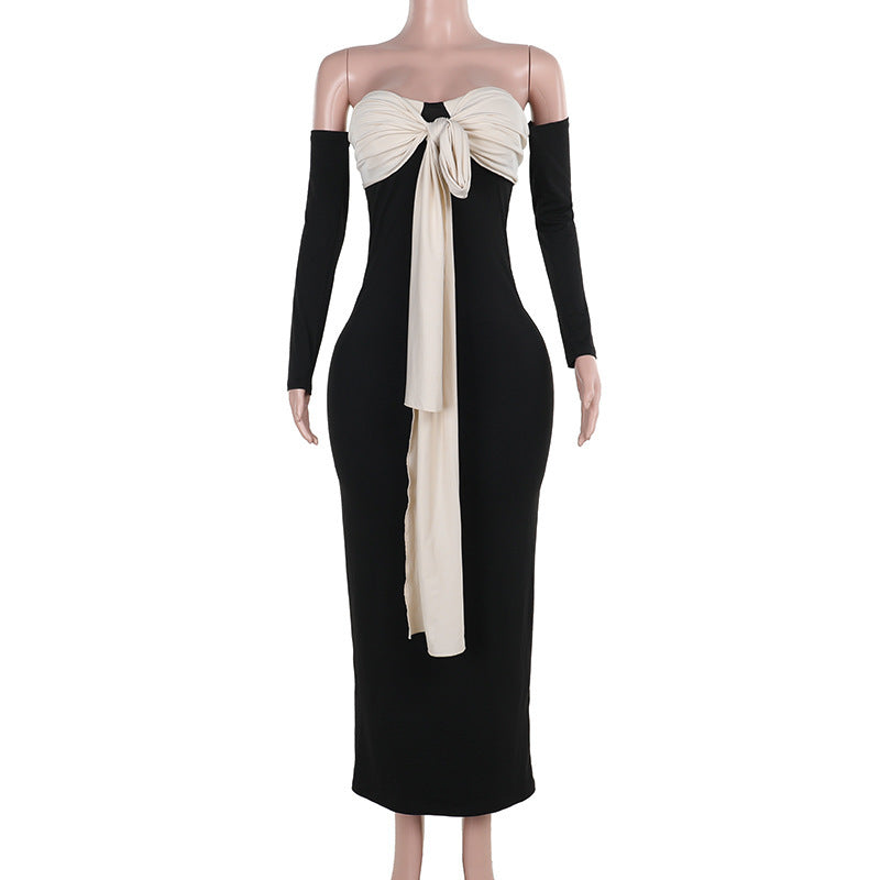 Color Matching Lace Up Off-shoulder Bandeau Slim-fit Dress