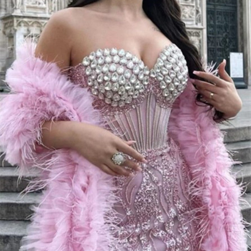 Women’s Pink Rhinestone Sequined Embroidered Tube Top Dress Cotton S-XL