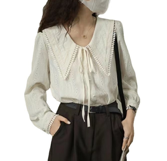 Chemise col large pointu style français pour femme, design début de printemps