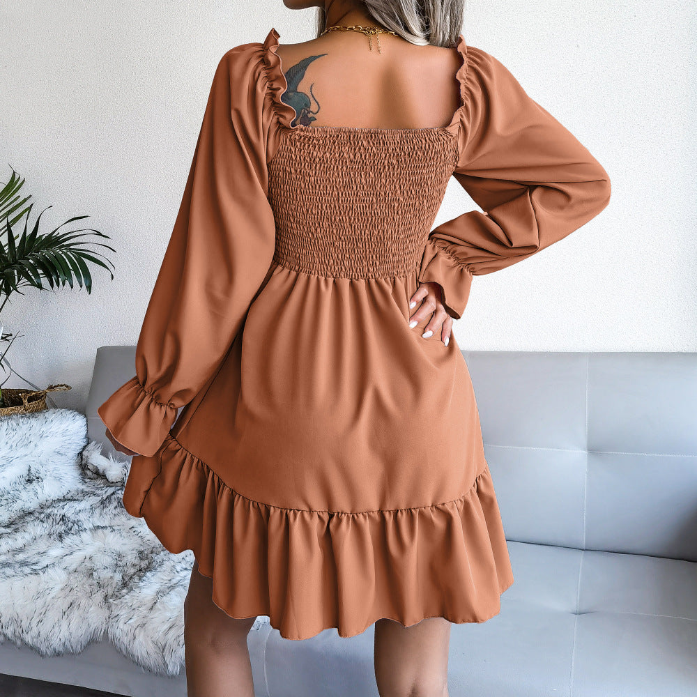 Robe trapèze évasée à manches longues, col carré et volants pour femme