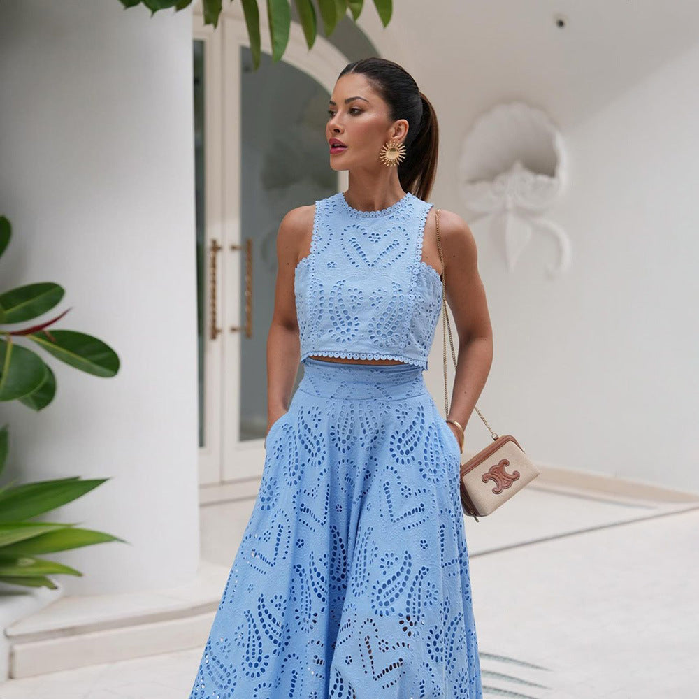 Women's Sleeveless Embroidered Lace Two-Piece Dress Set