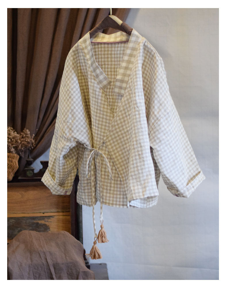 Pure Linen Lace-up Tassel Women's Shirt Top