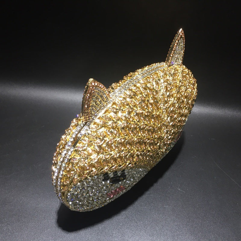 Gold Fox Rhinestone Hollow Metal Crystal Dinner Bag 21cm