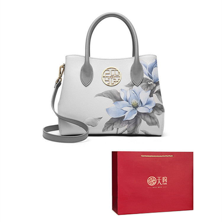 Women's Stylish Cow Leather Handbag with Floral Design and Zipper Closure