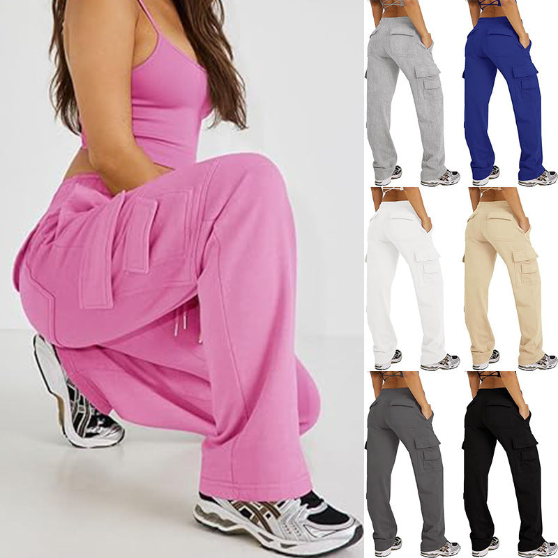 Pantalon cargo taille haute multi-poches coupe ample jambes larges sport