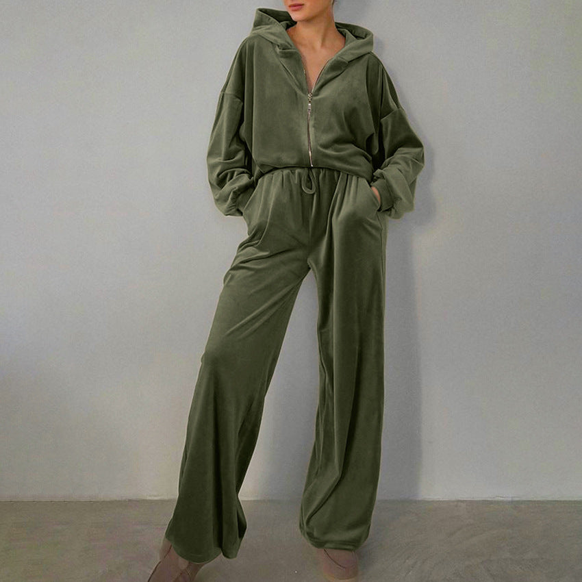 Ensemble pull à capuche en velours vert en fibre de polyester S-L