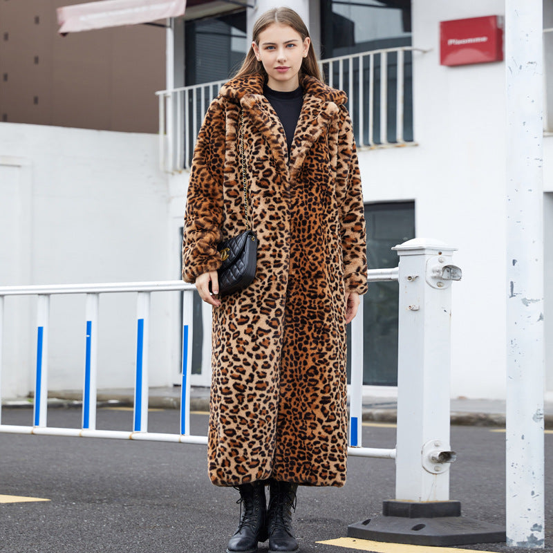 Faux Fur Leopard Print Rabbit Fur Long Suit Collar Coat