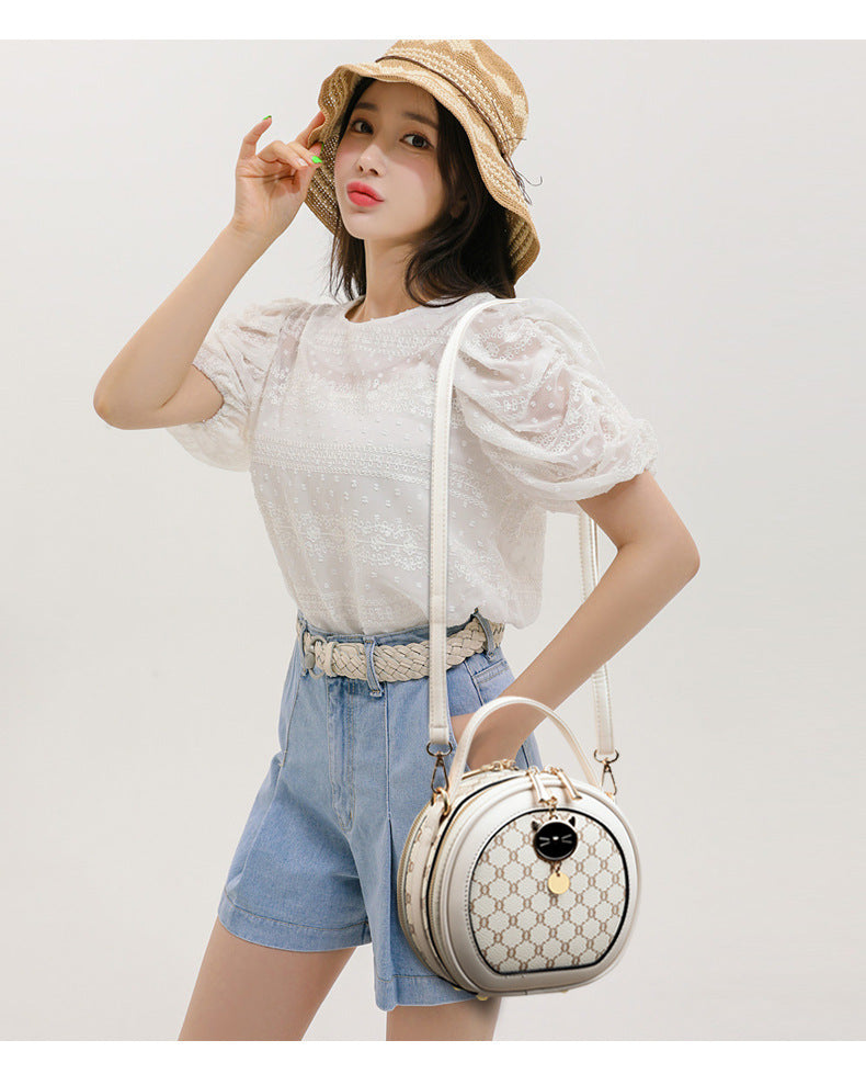 Crossbody Portable Printed Small Round Bag Soft Leather