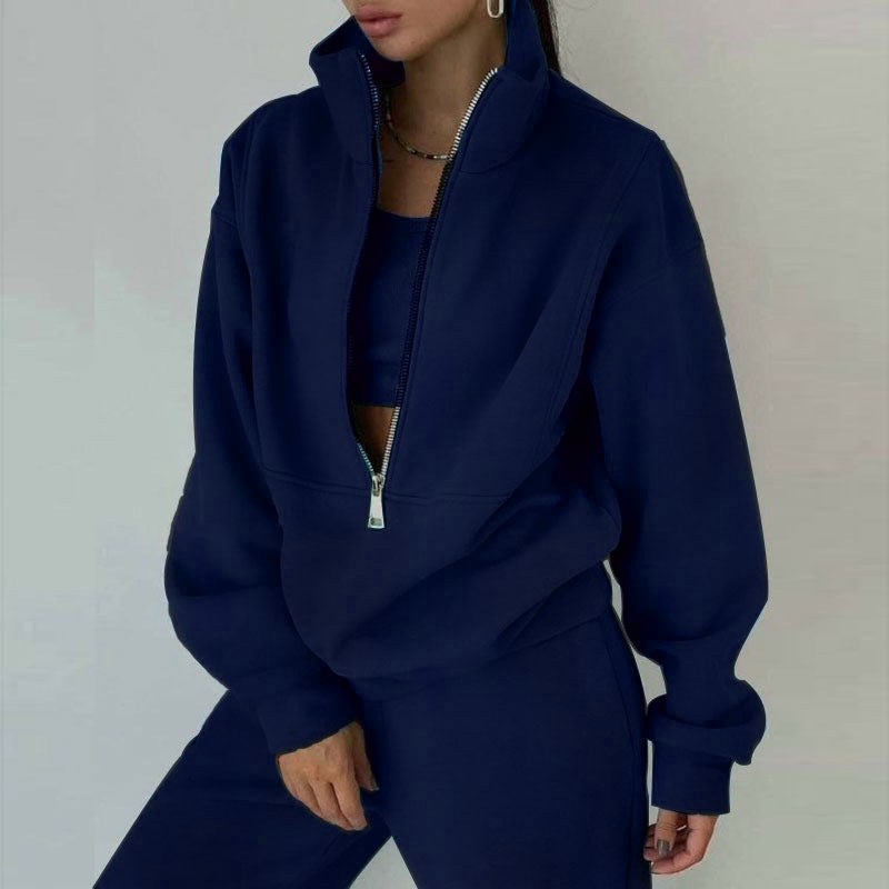 Women's Zipper Fleece Sweater and Pants Set - Casual Sportswear