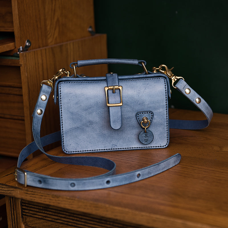 Handmade Cowhide Small Square Ladies Bag with Copper Buckle DIY Material