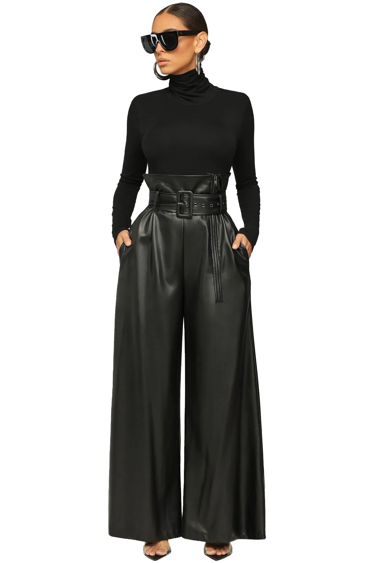 High Waist PU Leather Pants Metal Belt Wide Leg Trousers