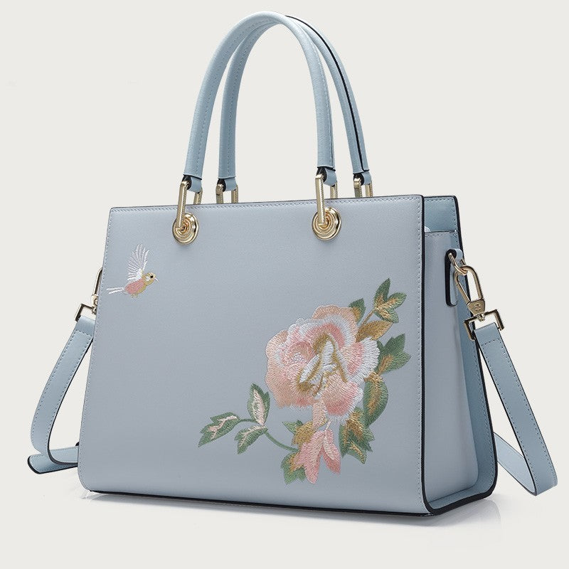 Sac portable brodé en cuir de vachette pour femmes