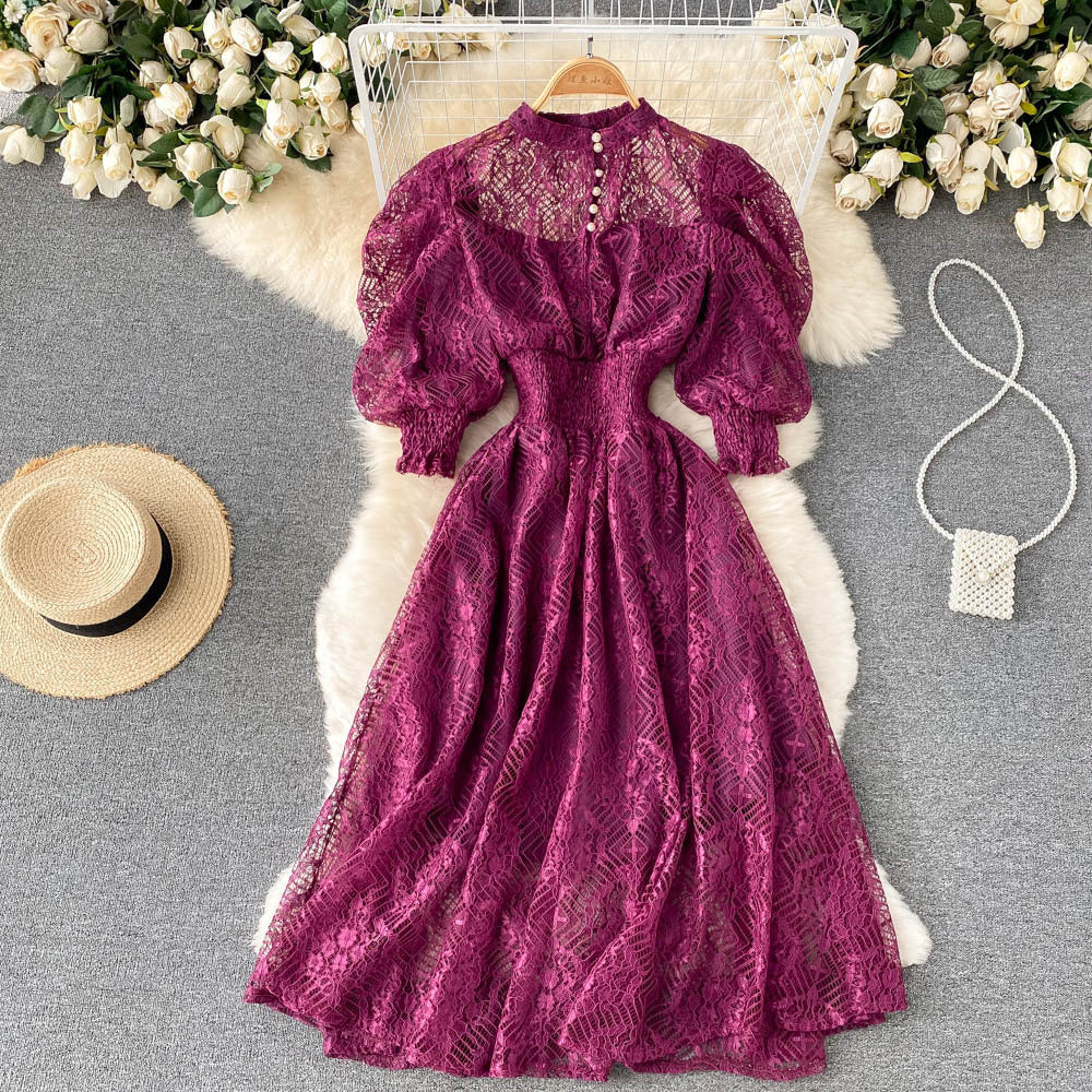 Vintage Elegant High Waist Lace Dress for Thin Girls One Size
