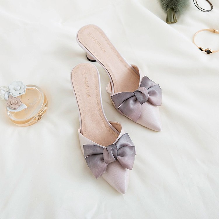 Pointed-Toe Bowknot Mid Heel Sandals for Women in Black, Pink & Beige