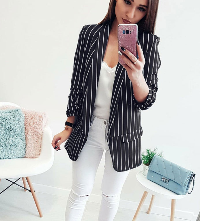 Blazer sexy à manches longues et à rayures, longueur moyenne en coton