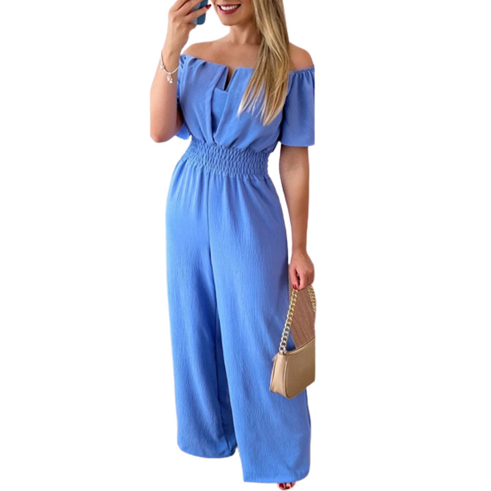Women's Off-Neck Waist-Trimmed Loose Straight Jumpsuit