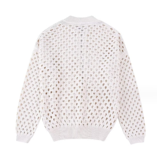 Women's Hollow Knit Polyester Pilot Jacket with Zipper and Half High Collar