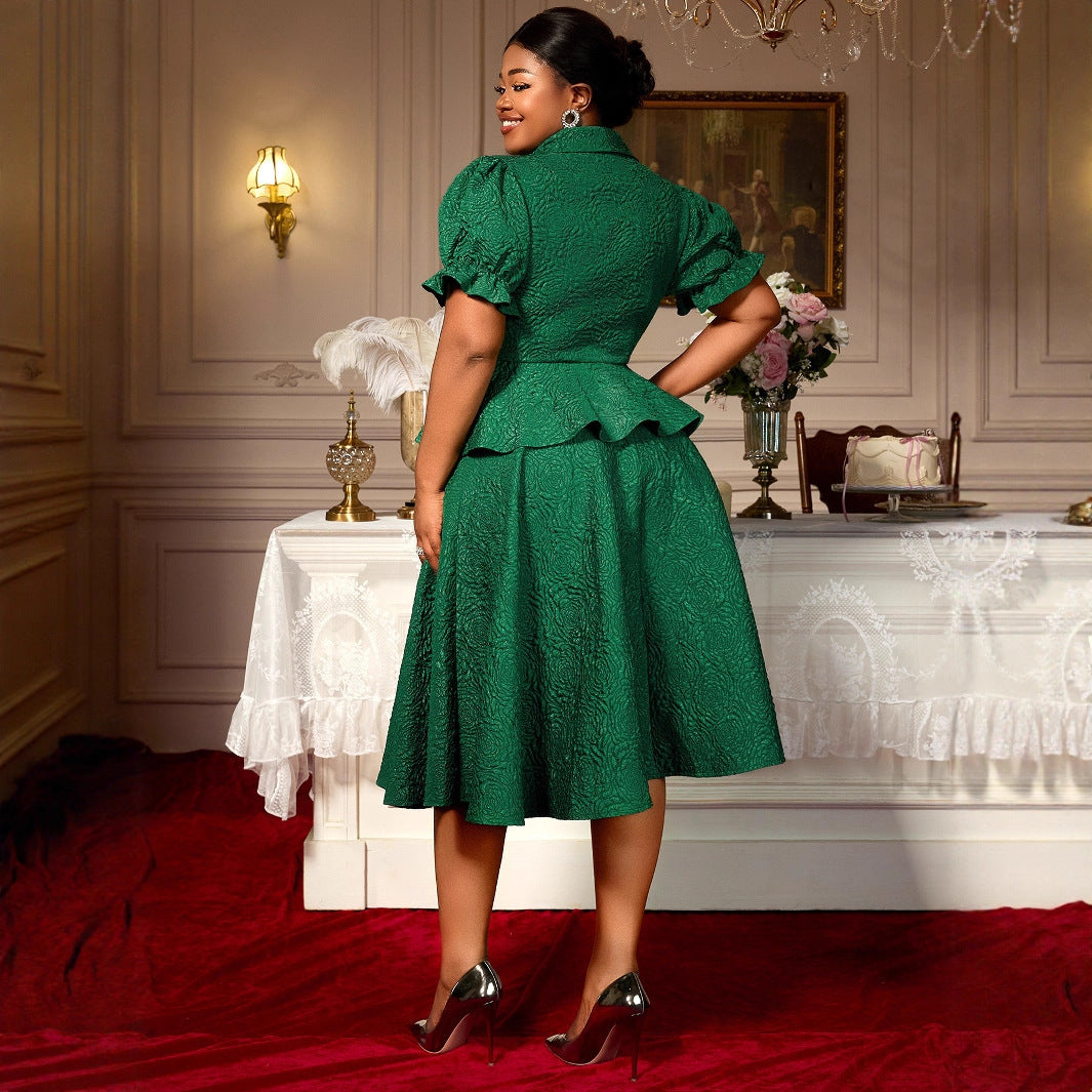 Dark Green Jacquard Lapel Button Ruffled Belly-Covering Dress