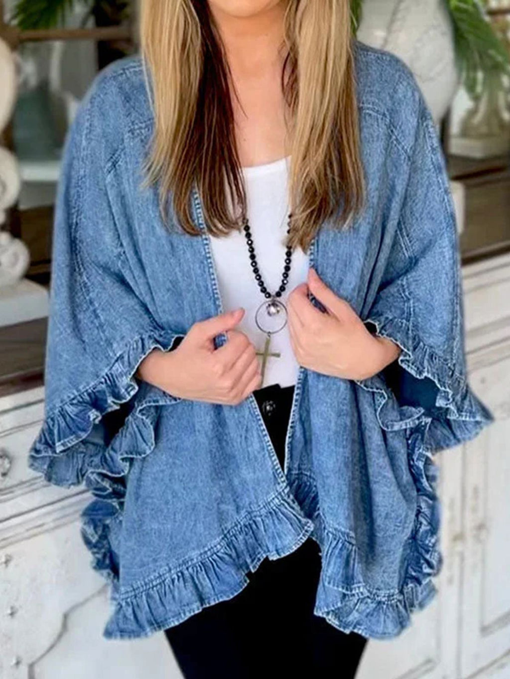 Blue Denim Ruffle Washed Small Coat with Batwing Sleeves