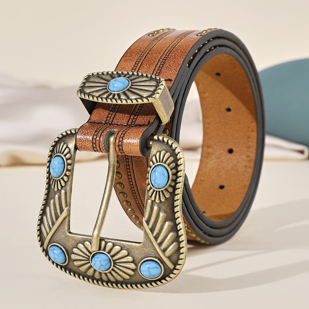 Western Retro Women's Chocolate PU Leather Denim Belt 120cm