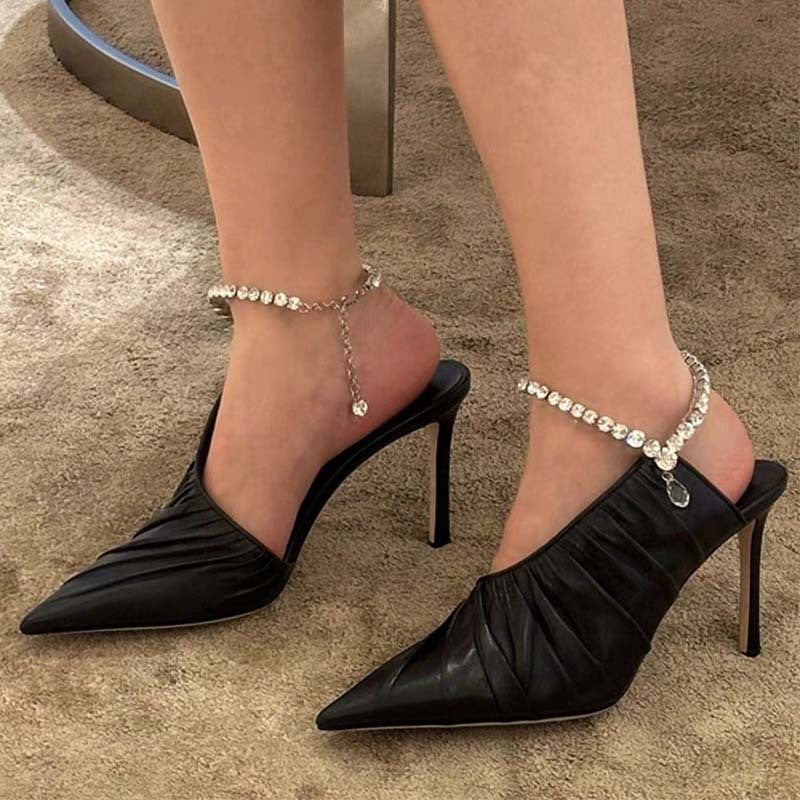 Black Pointed Toe Rhinestone High Heels PU Shoes
