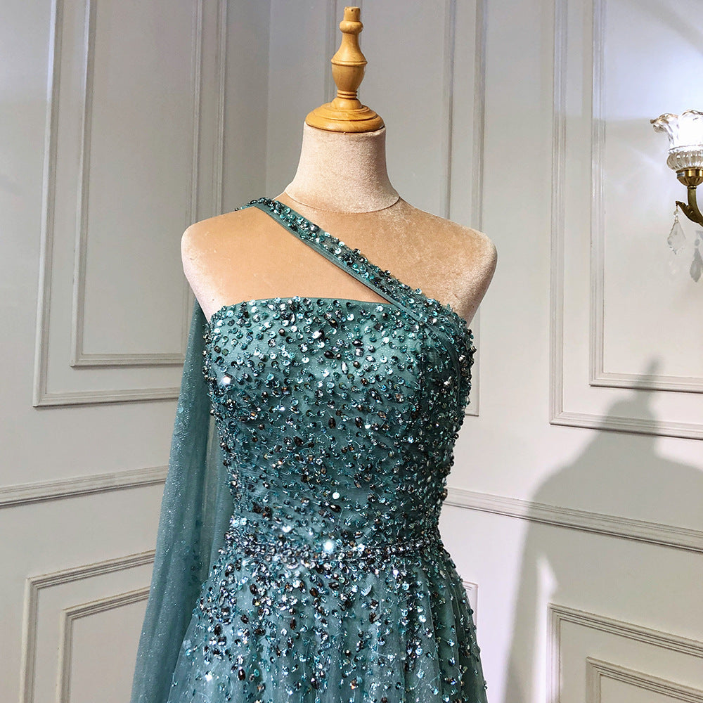 Women's Elegant Strapless Dress in Dark Blue, Water Blue & Gold