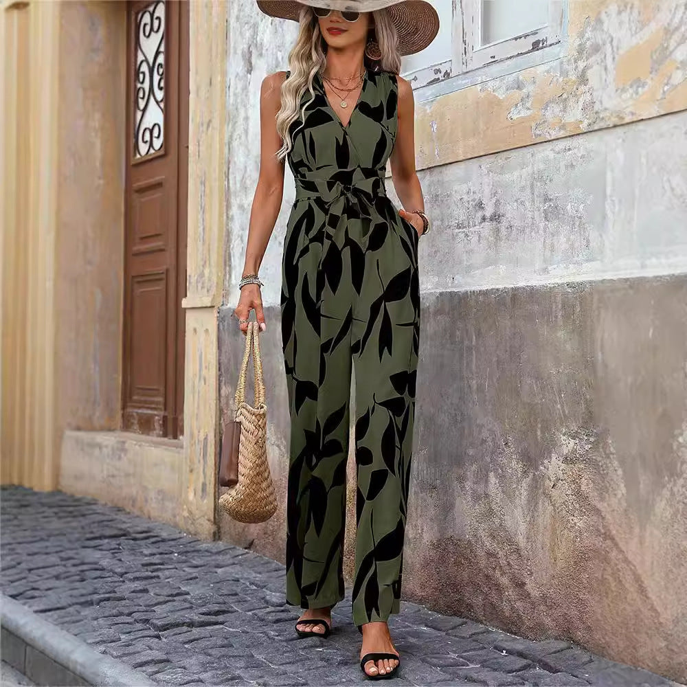 High Waist Lace-Up Wide Leg Jumpsuit for Women