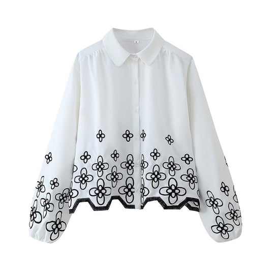 French Style Design Sensitive Diligent Fashion Hollowed-out Flower Embroidered Shirt
