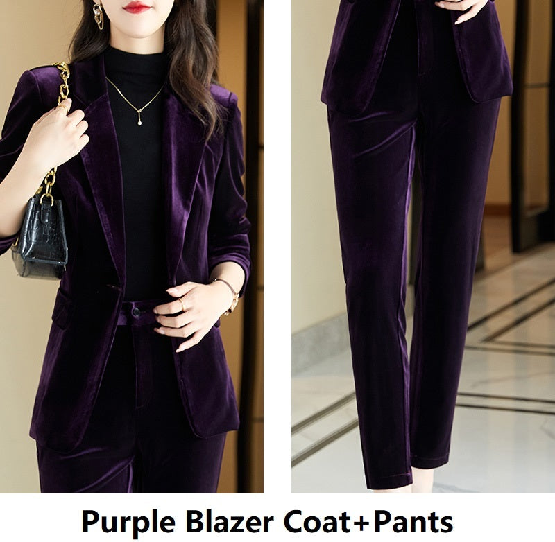 Women's High-End Gold Velvet Suit Jacket with Pants